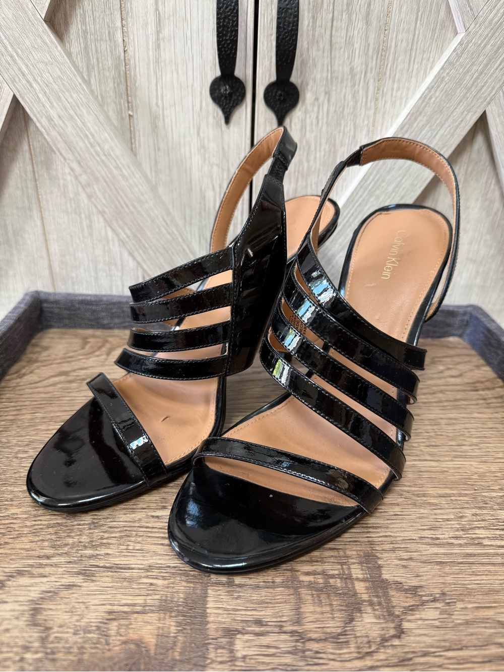 Calvin Klein Black Patent Strappy Slingback Heels (10)-gold back logo accent